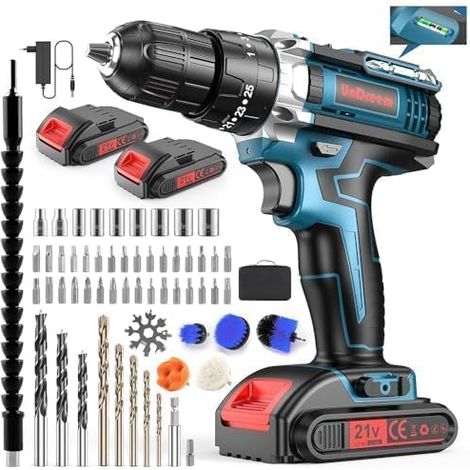 Perceuse Visseuse Sans Fil 21V 3-en-1 – Kit de 61 Accessoires, 2 Batteries & Chargeur Rapide, Couple 45 Nm – Multifonction pour Perçage, Vissage & Projets Domestiques (1/5)