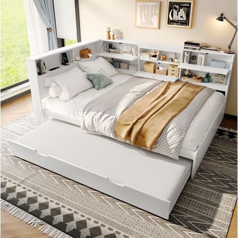 MEUBLIV Cama 140x200 cm blanca con almacenamiento y cama nido, sin colchón (1/5)