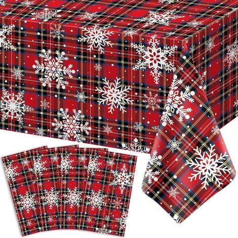 4er Pack Weihnachtstischdecken kariert mit Schneeflocken 130x220cm wasserdicht