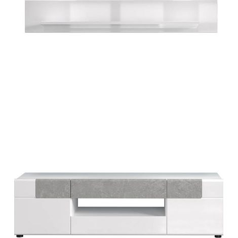 Ebuy24 – Meuble TV Tokyo 2 portes – 2 tiroirs – 1 tablette – Étagère supplémentaire – Blanc brillant – Pour téléviseur max 65 pouces (1/4)
