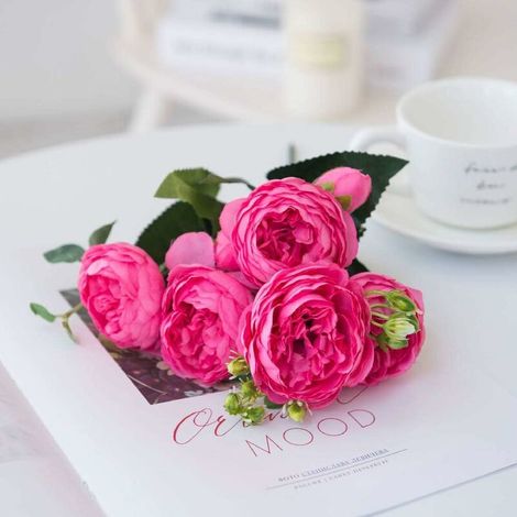 Artificial Flowers, 2 Pack Fake Peony Bouquet Realistic Faux Silk Flowers Table Decorative Arrangements for Home Party Office Wedding (Rose red) (1/5)