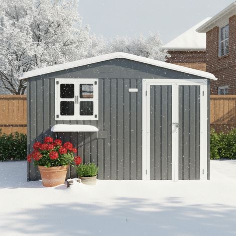 Abri de jardin métal galvanisé 295x243 cm - Portes doubles verrouillables fenêtres avec barres à fleurs - Gris (1/5)