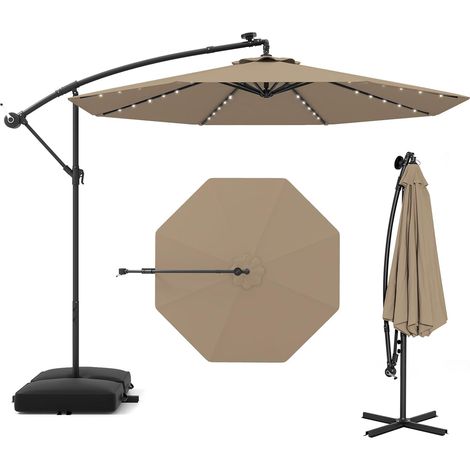 GOPLUS Parasol de Jardin avec 32 Lampes Solaires, Parasol Déporté Inclinable Ø300CM avec Pied de Support, pour Jardin/Plage, Marron (1/5)
