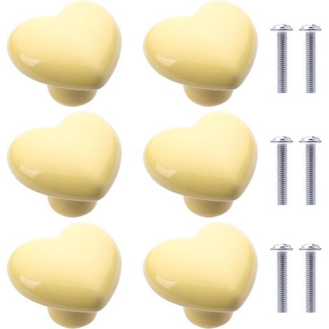 6Pcs Ceramic Cabinet Knobs Heart Shape Ceramic Cupboard Drawer Knobs Pulls Handles for Bookcase Kitchen Cabinets (Light Yellow)