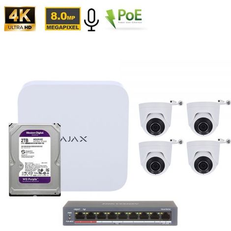 Ajax Kit videosorveglianza NVR 8 Canali + TurretCam 8Mp Bianco + HDD 2Tb + Switch PoE - 70936 NR.04 Telecamere