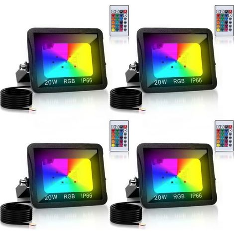 4 projecteurs LED RGB, 20W, IP66 étanche, télécommande incluse, 16 couleurs, éclairage extérieur jardin terrasse