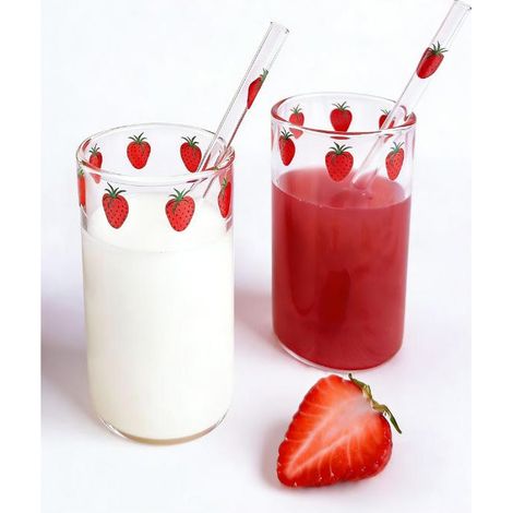 Strohhalmglas – Gehärtetes Glas mit Erdbeermuster – 300 ml – Für Wasser, Kaffee, Tee, Saft – 2er-Set (1/5)