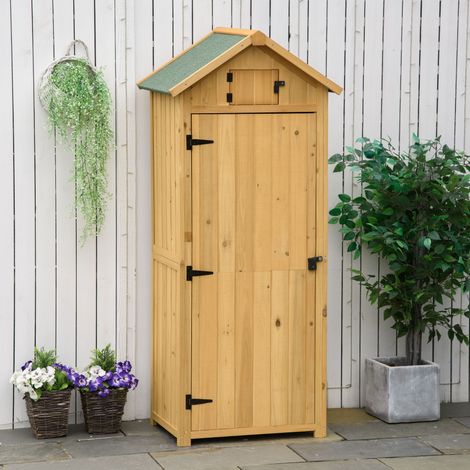 Outsunny Gartenschrank Holz, Geräteschuppen wetterfest 77x54,2x179cm, Gerätehaus mit Tür, Satteldach, Geräteschrank mit Böden, Werkzeugschrank Gartenschuppen für Garten, Terrasse, Gelb+Grün