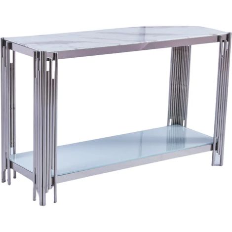 Console FLUTE Chrome plateau verre Marbre Blanc 120x40x78 cm (1/3)