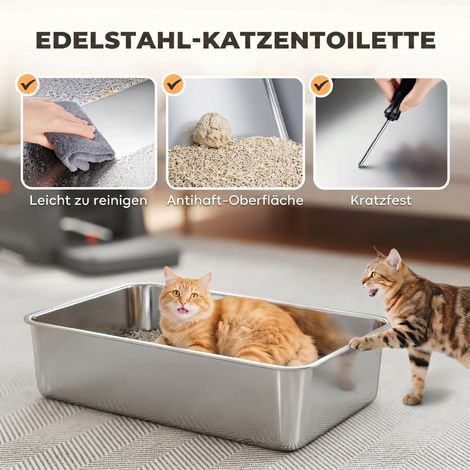 Litière pour chat XXL en acier inoxydable 130L avec couvercle rabattable 180°, bords hauts, pelle et marchepied 70x50x43cm gris (1/5)