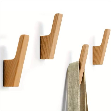 Set mit 4 Wandhaken aus Holz, ideal zum Aufhängen von Hüten, Taschen, Rucksäcken und Handtüchern, perfekt für Badezimmer und Eingangsbereiche.