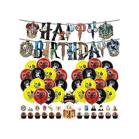 Kit de décoration pour une fête d'anniversaire sur le thème Harry Potter : ballons, banderole et figurine pour gâteau.