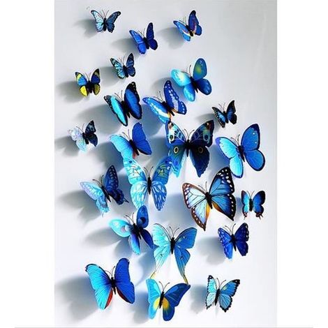 Stickers muraux - Papillons 3D - Bleu - Lot de 12 - Décoration élégante - Pour enfants