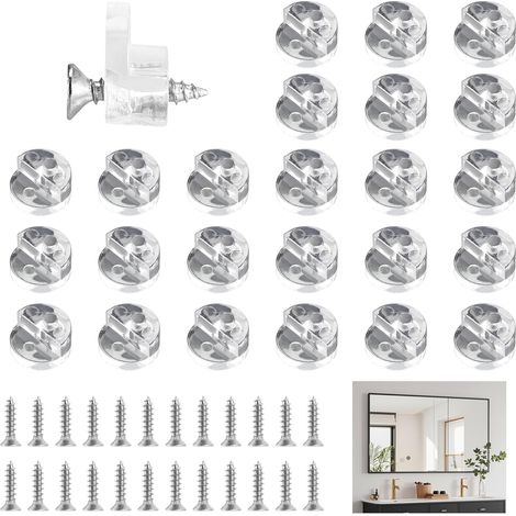 24 clips de soporte redondos para vidrio, 13 mm de diámetro, clips de sujeción para espejos con 24 tornillos, para ventanas y espejos (transparentes) (1/5)