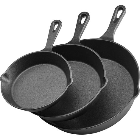 VEVOR Padella in Ghisa, 3 Pezzi, 160, 220, 265 mm Padella in Ghisa Antiaderente con Manico Resistente al Calore, Pentole da Cucina, per Forno, Gas, Elettrico, Induzione, Facile da Mantenere, Nero
