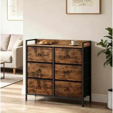 Commode 80x29x78 cm noir et brun rustique en bois, métal et tissu avec 6 tiroirs (1/5)
