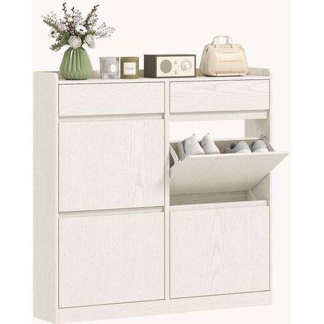 Scarpiera Slim in Legno con 4 Cassetti a Ribalta e 2 Cassetti Scorrevoli, 98x19.2x95.3 cm, Bianco