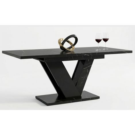 Table à manger extensible DUBLIN Marbre Noir et Noir laqué 120 à 160 cm 6 personnes