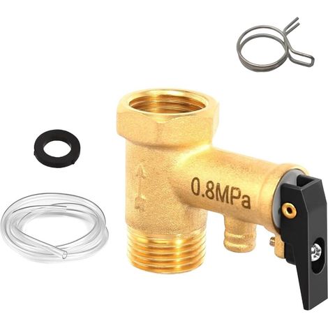 Soupape de Sécurité 1/2" 0.8 MPa Clapets Anti Retour en Laiton,Clapet Anti Retour de Sécurité,avec Conduit de 1 Mètre,Joints et Colliers de Serrage,pour Systèmes de Chauffe Eau (1/5)