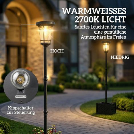 Lanterne solaire sur pied avec pot de fleurs 195cm, lampe de jardin extérieure avec 2 niveaux de luminosité, contrôle de lumière et interrupteur IP44 (1/5)