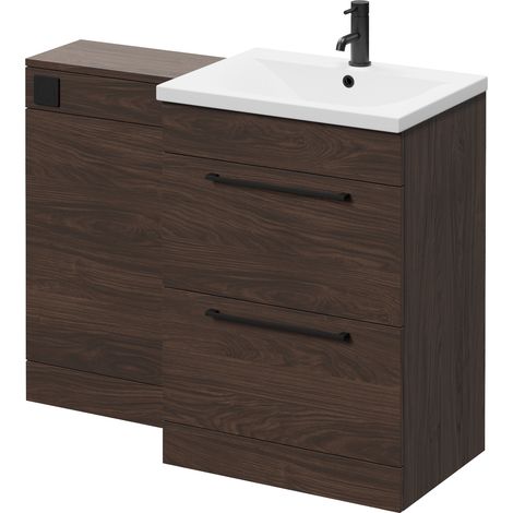 Napoli 460 Brown Oak 1100mm 2 Drawer Vanity Unit Toilet Suite with Glide Basin - 1100mm - Matt Black 320mm HandleWithout Kingston Toilet Pan