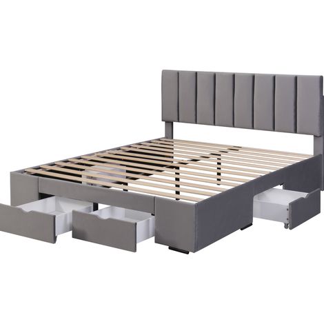 Cama tapizada 160 x 200 cm en terciopelo gris con somier y 4 cajones (1/5)