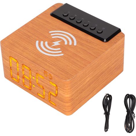 1 Réveil en bois, Haut-parleur sans fil, Chargeur compatible USB, AUX, FM, Carte mémoire (1/5)