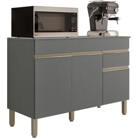 Buffet Bas 3 Portes 1 Tiroir Gris 5 Niches L 120 H 86 P 53.3 cm