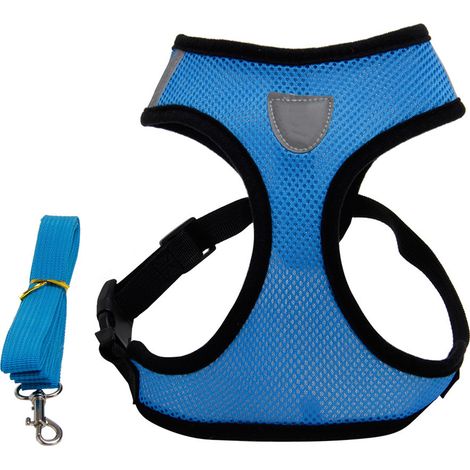 Harnais pour chien avec laisse, en tissu mesh, réglable, doux et respirant, idéal pour l'entraînement et la course en extérieur, bleu M. (1/5)