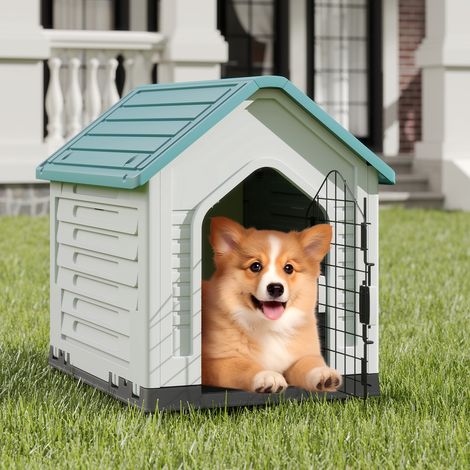 Niche pour Chien avec Porte Verrouillable, Abri pour Animaux, Aérations et Toit Incliné pour Petits Chiens et Chats, pour Maison, Terrasse, Bleu (1/5)