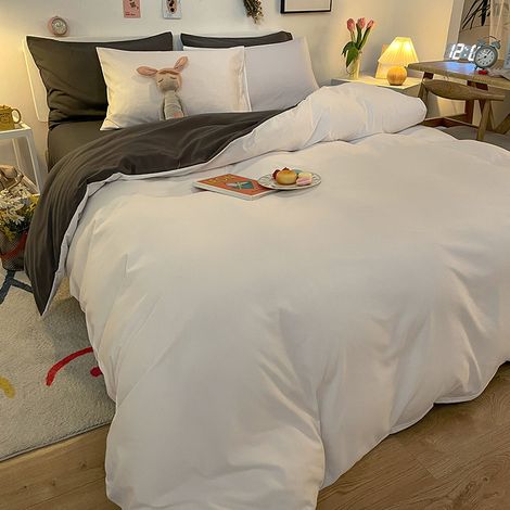 4-teiliges Bettwäsche-Set aus dickem, gewaschenem und gebürstetem Baumwollstoff, Studentischer Ins-Stil, mit Matratzenbezug, 180x200 cm, Weiß und Dunkelgrau-lsw