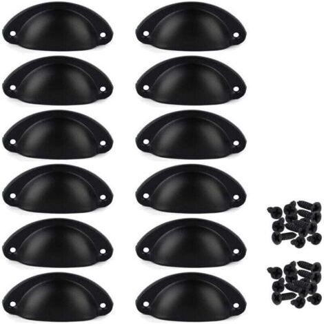 Juego de 12 tiradores vintage para cajones, tiradores tradicionales de media luna para muebles, tiradores en forma de concha para armarios, roperos y cómodas, color negro, tornillos incluidos.