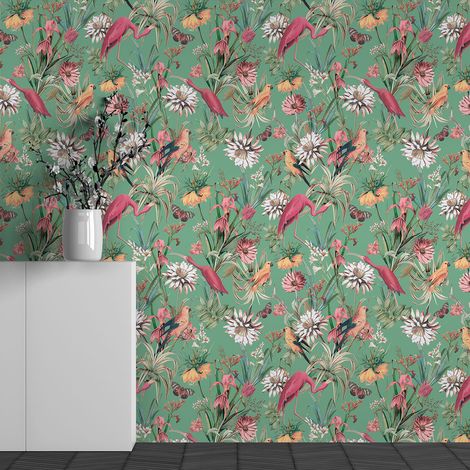 Papier peint panoramique - Motif Fleurs Flamants Roses - 130 cm x 81 cm (1/3)