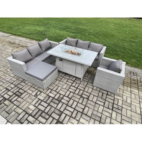 Fimous 8 Seater Outdoor Garden Dining Sets Rattan Furniture Gas Fire Pit Dining Table Gas Heater with Armchair Big Footstool Light Grey (1/5)