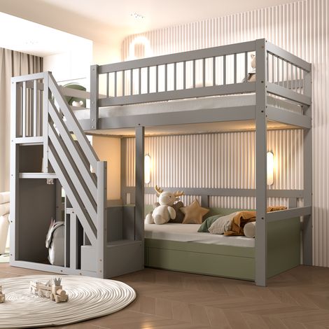 Lit enfant bois massif 90x200 cm avec escalier rangement intégré gris