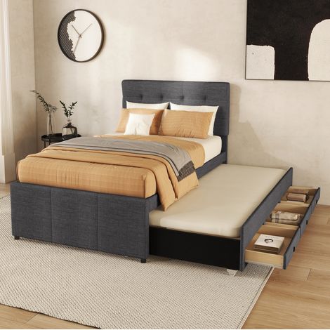 Bett 90x200 cm grau aus Leinen mit Ausziehbett, drei Schubladen und verstellbarem Kopfteil (1/5)