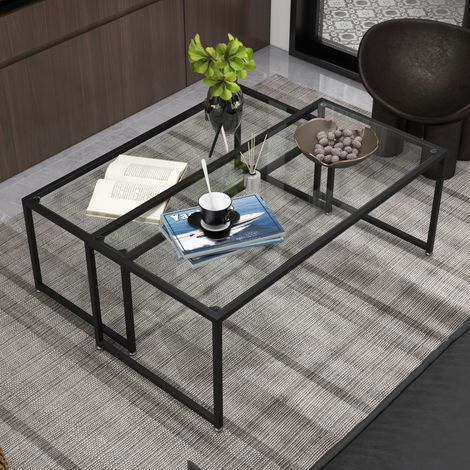 2er-Set Couchtische 119x56x44.5 cm transparent aus Glas und Stahl mit stapelbarem Design (1/5)