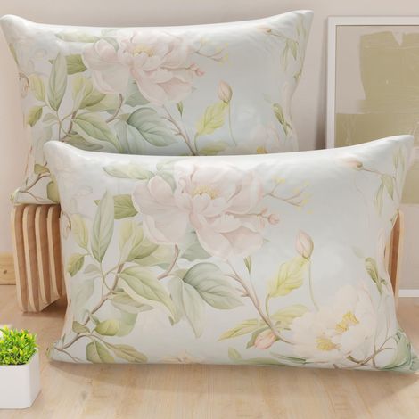 Lot de 2 Taies d'Oreillers 50x70 cm 100% Microfibre Hypoallergénique, Housse Oreiller Rectangulaire Motif Floral Vert, Paquet de 2 (1/5)