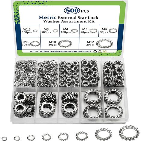 Kit d'assortiment de rondelles de verrouillage de dents externes (500 paquets), M2.5 M3 M4 M5 M6 M8 M10 M12 Metrique 304 en acier inoxydable (1/5)