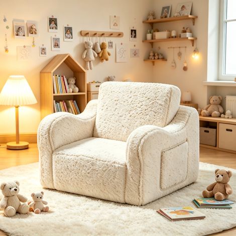 Canapé enfant convertible 2 en 1 avec mousse et revêtement sherpa doux, fauteuil de jeu confortable pour enfants, beige