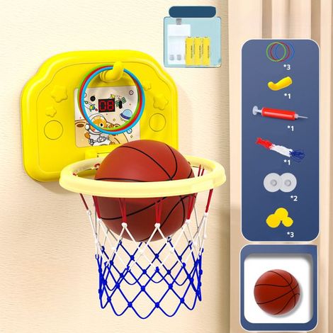 Panier de basket enfant suspendu chat spatial jaune avec compteur (rechargeable), inclut ballon + anneaux + pompe + ventouses. (1/5)