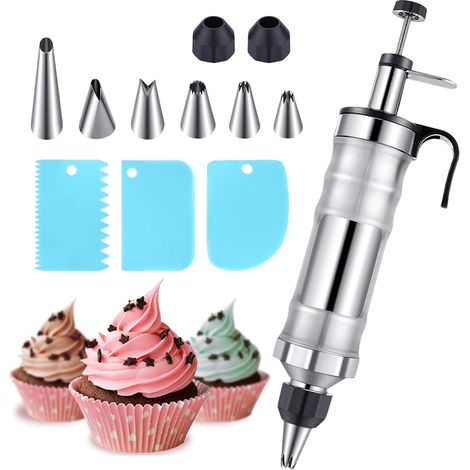 Seringue à gâteau en acier inoxydable - 400 ml - Seringue à beignets avec 6 douilles - Pour pâtisseries, gâteaux, cupcakes, décoration de rechange pour poche à douille - Argenté (1/5)