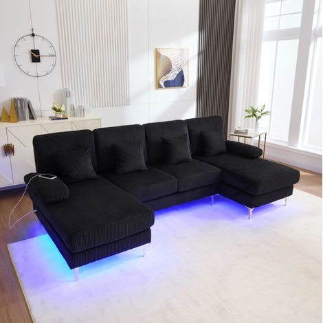 U-Sofa 265/135/88 cm aus schwarzem Samt mit LED und USB-Anschluss, modernes Design und ergonomischer Komfort (1/5)