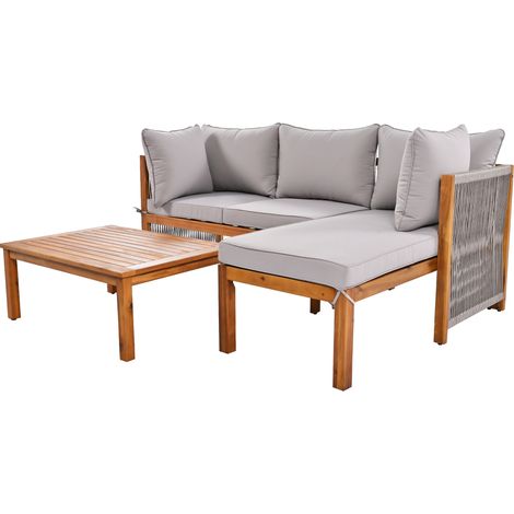 Set lounge da giardino 3 pezzi grigio con struttura in legno e corde, con tavolino (1/5)