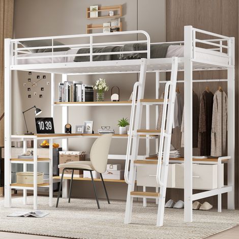 Cama alta infantil con escritorio y almacenaje blanca OKMYHOME (1/5)