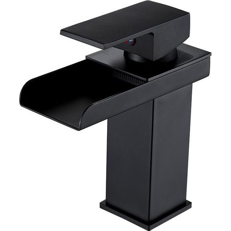 Waschtischarmatur, schwarze Wasserfallarmatur, Warm- und Kaltwasserhahn für Waschbecken (1/5)