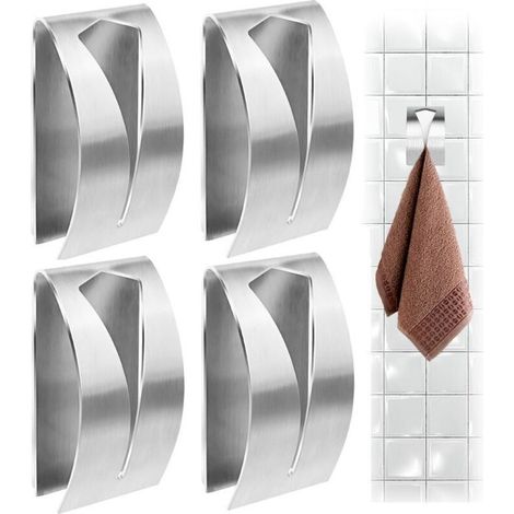 Lot de 4 porte-torchons de cuisine en acier inoxydable, porte-torchons adhésifs, crochets muraux pour torchons, crochets métalliques pour torchons de cuisine et salle de bain (1/3)
