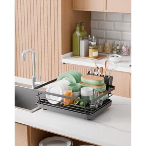 Egouttoir Vaisselle Cuisine - Egoutoire Compact et Gain de Place, Seche Vaisselle en Acier Inoxydable avec Porte-Couverts, 29,0 x 38,1 x 12,7 cm, Noir (1/4)