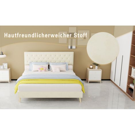 Lit coffre rembourré beige 160 x 200 cm avec tête de lit moelleuse et cadre bas pour chambre, appartement et suite parentale (1/5)