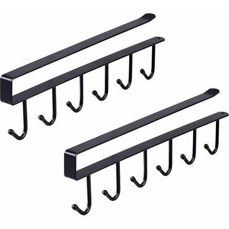 Deux porte-gobelets suspendus avec crochets pour un rangement pratique. Idéal pour l'organisation de la cuisine. Convient aux étagères d'une épaisseur maximale de 2,5 cm. Noir. (1/5)